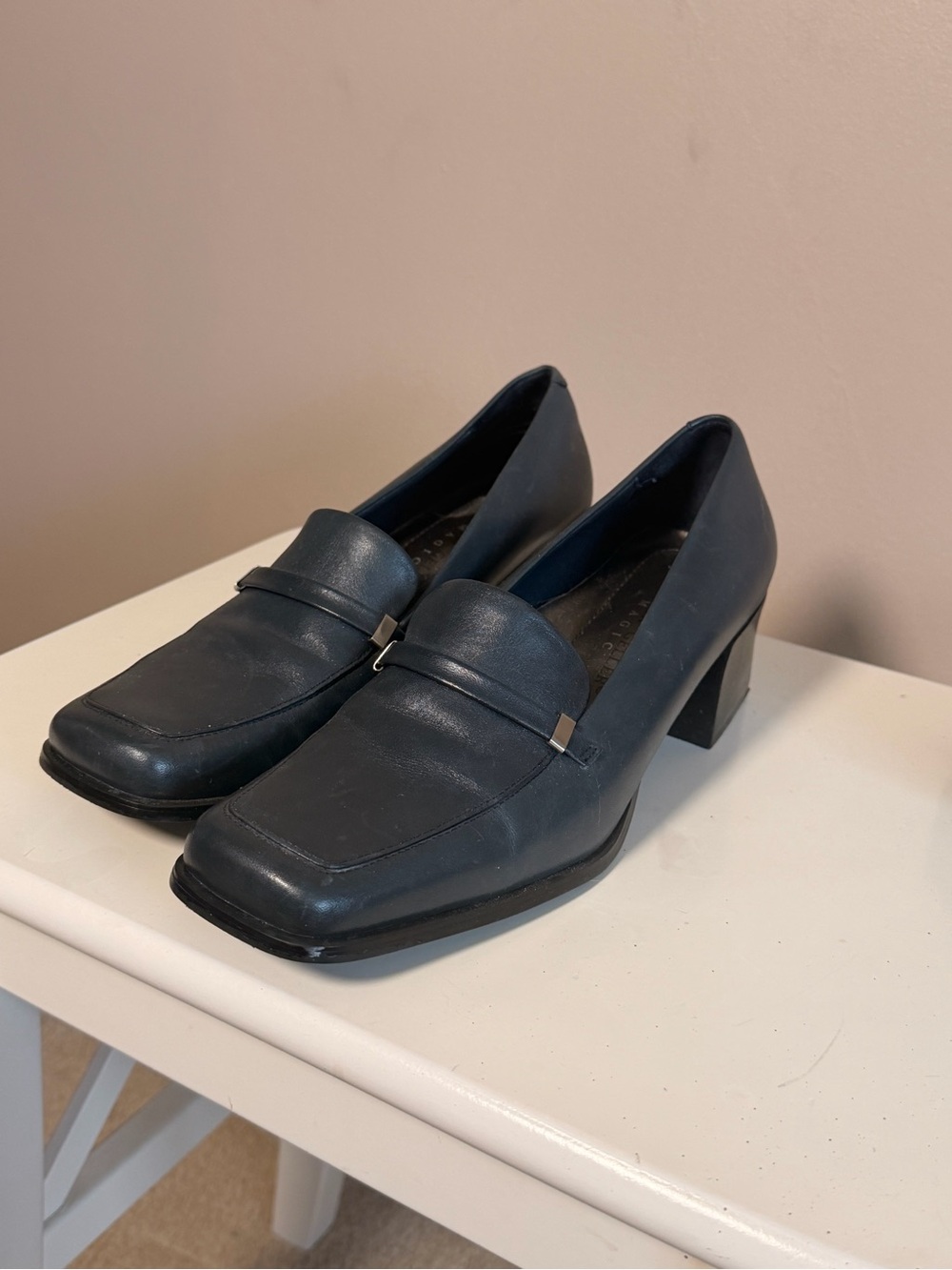 Andrew Geller Blue Leather Loafer Heels
